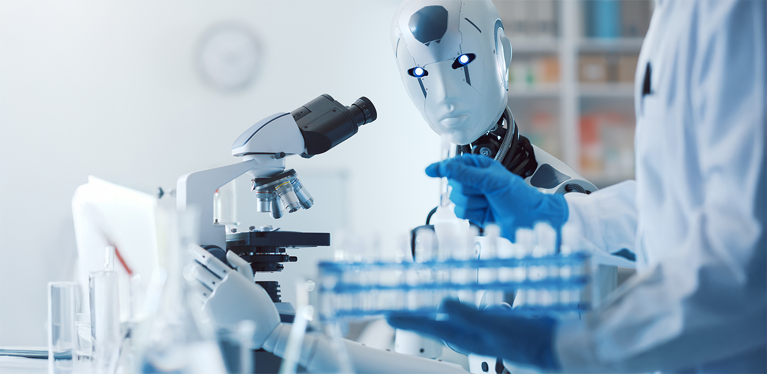 Laboratory billing and AI Robot scientist working alongside a lab technician analyzing test tubes under a microscope in a modern laboratory.