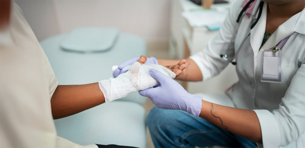 A healthcare professional analyzing a digital wound care dashboard on a tablet, with AI-driven analytics and patient charts visible in the background. The scene represents technology transforming wound care revenue cycle management.