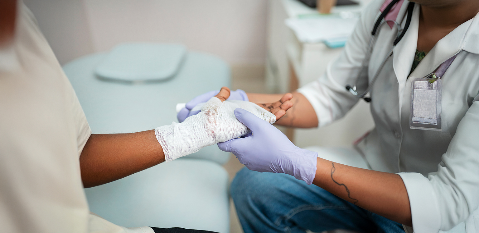 A healthcare professional analyzing a digital wound care dashboard on a tablet, with AI-driven analytics and patient charts visible in the background. The scene represents technology transforming wound care revenue cycle management.