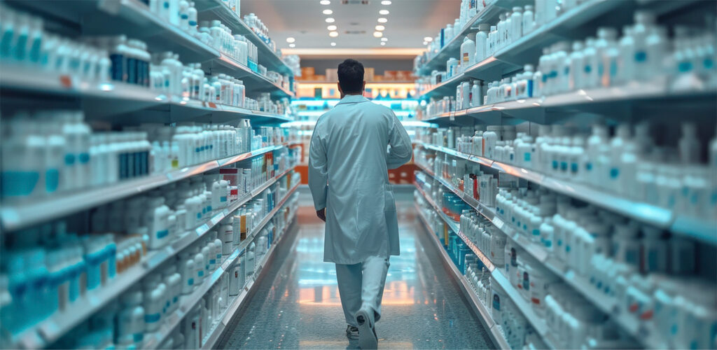 Pharmacist walking down the aisle of a modern pharmacy, reviewing inventory and preparing for patient care services